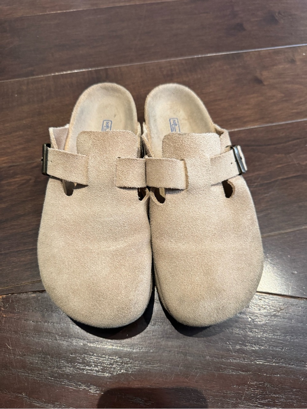 Birkenstock Beige Suede Boston Clogs with Buckle